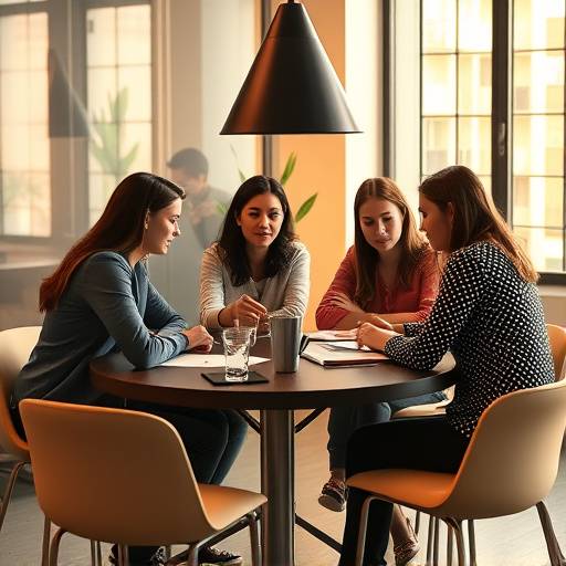 Equipe da Oratória Clara reunida em uma mesa, colaborando e discutindo estratégias de ensino de oratória.