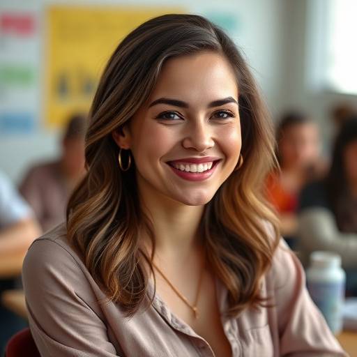Foto de Carolina Mendes, sorrindo em um ambiente de sala de aula, vestindo uma blusa casual.