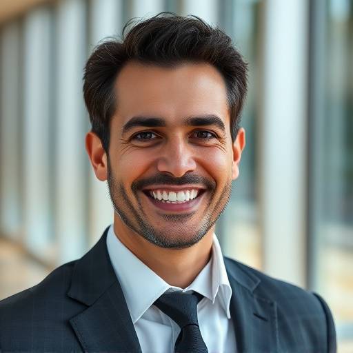 Foto de Roberto Almeida, sorrindo em um ambiente profissional, vestindo terno.