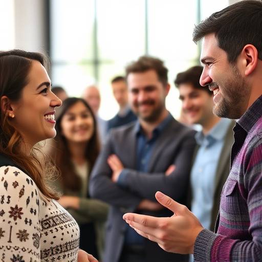 Um grupo de pessoas sorrindo e interagindo durante um workshop de oratória para iniciantes.