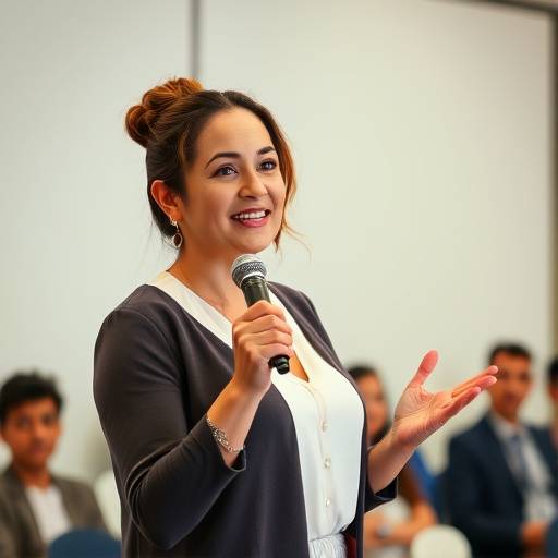 Uma mulher apresentando com confianäa em um evento, demonstrando habilidades de comunicaäão persuasiva.