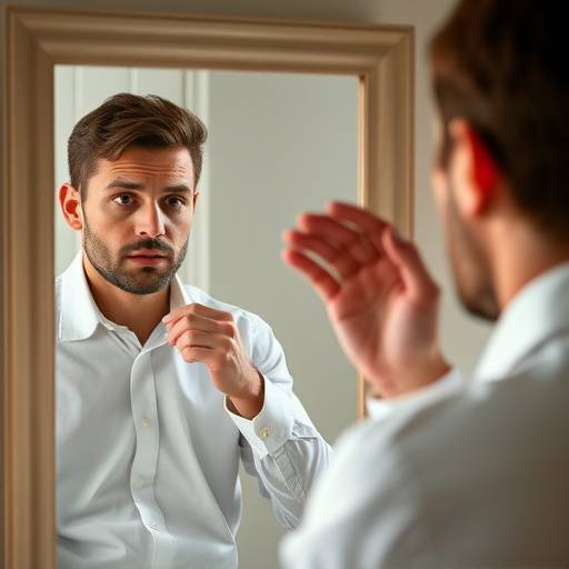 Uma pessoa praticando exercícios de dicäão com um espelho, demonstrando foco e aprimoramento da pronüncia.